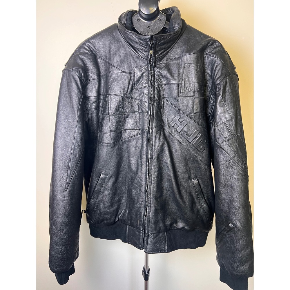 HJC Leather Bomber Jacket Mens XL Black Excellent Embossed Patchwork Biker Moto
